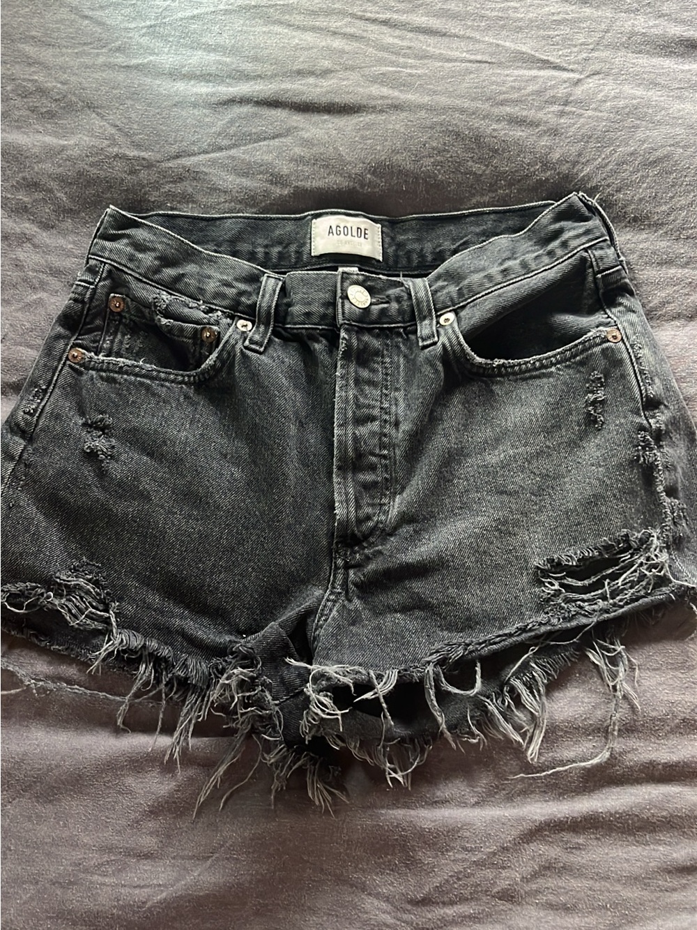 Agolde Black Distressed Frayed Hem Denim Shorts